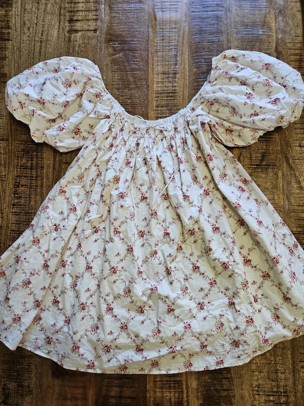 Sofie The Label Floral Puff-Sleeve Mini Dress in Cream with Red Flowers Small